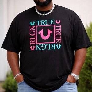 True Religion Black Short Sleeve Tee with Pink and Aqua Logo